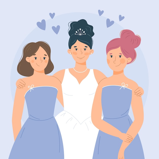 Vector gratuito damas de honor con hermosos vestidos ilustrados