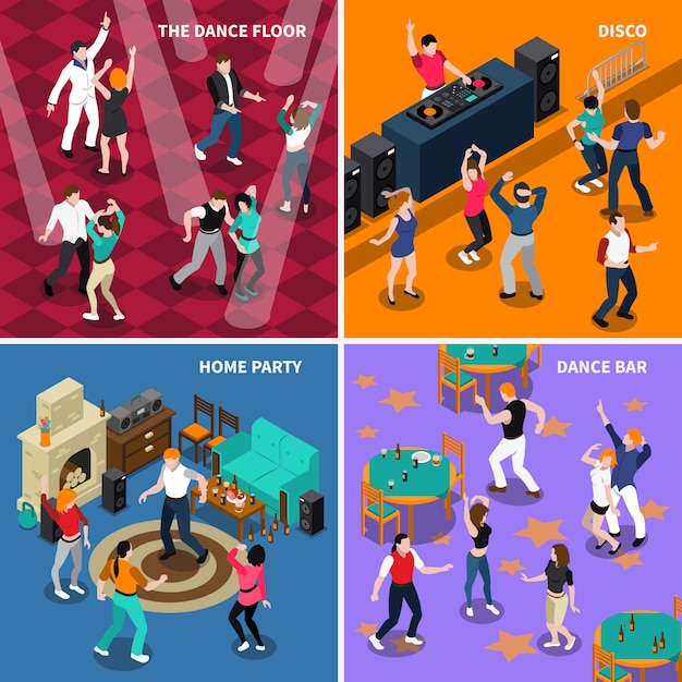 Dancing People 4 Isometric Icons Square