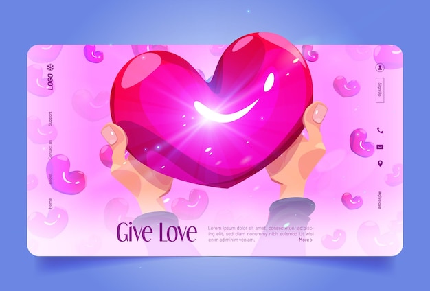 Vector gratuito dar amor aterrizaje de dibujos animados con las manos sosteniendo el corazón