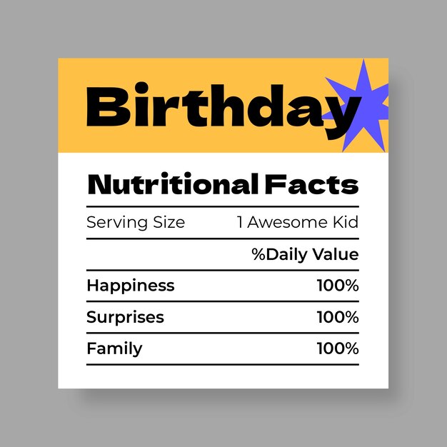 Datos nutricionales en la etiqueta de cumpleaños cuadrada