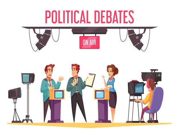 Los debates políticos en vivo de la televisión muestran a los participantes de la campaña presentando programas y confrontando a los opositores.