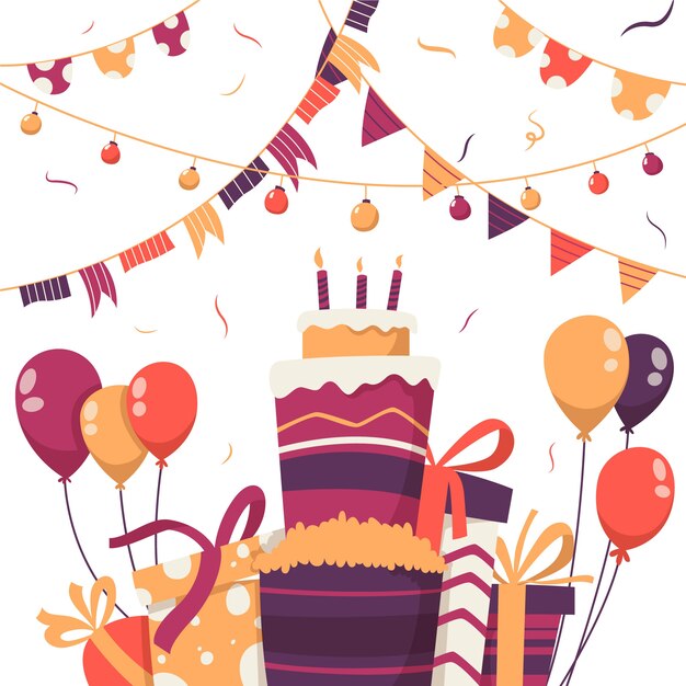 Decoración de cumpleaños con pastel y globos