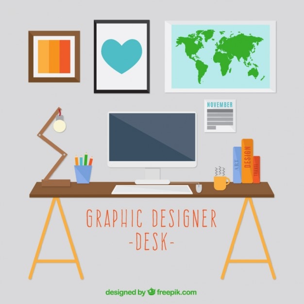 Vector gratuito decoración escritorio de diseñador gráfico