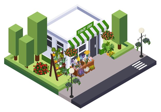 Decoración floral de la ciudad de la florista Composición isométrica con vista aislada del edificio de la floristería con ilustración vectorial de vitrina