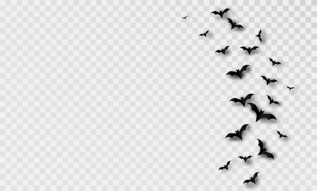 Decoración de Halloween con murciélagos negros volando sobre un fondo transparente que evoca vibraciones espeluznantes