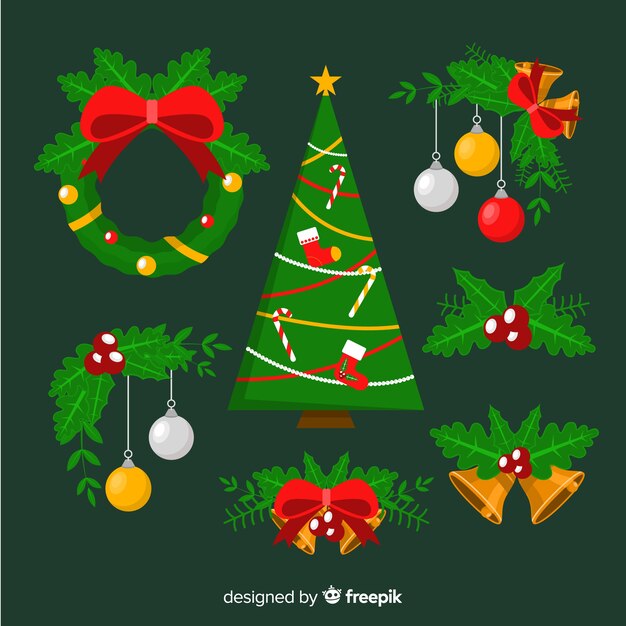 Decoración plana de navidad con árbol de navidad y corona