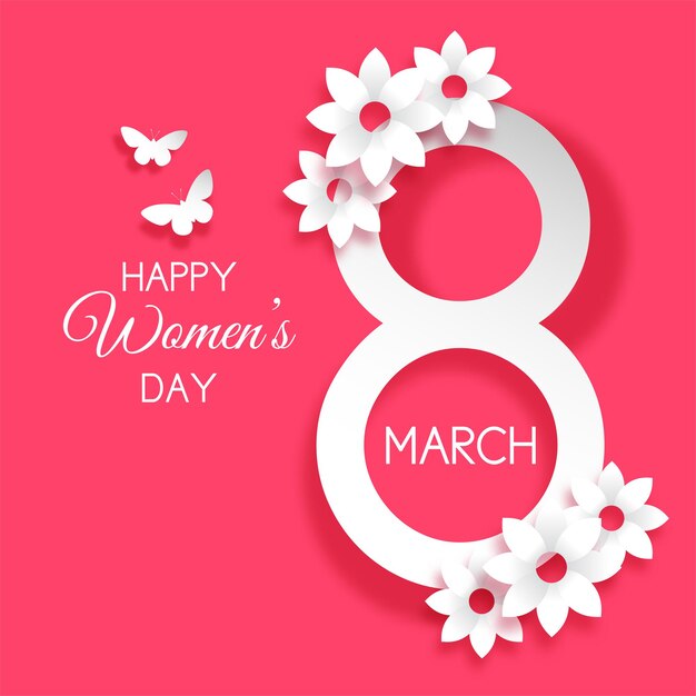 Decorativo Día Internacional de la Mujer con flores y mariposas.