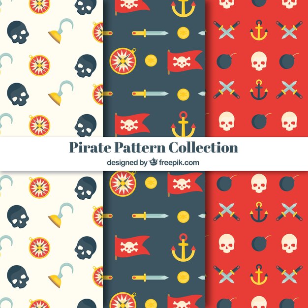 Decorativos patrones de piratas en diseño plano 