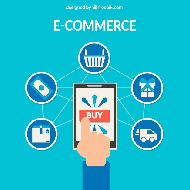Dedo comprando en el móvil e iconos de compras
