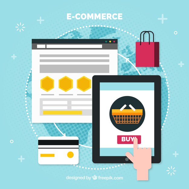 Dedo comprando online con bolsa de compra y tarjeta de crédito