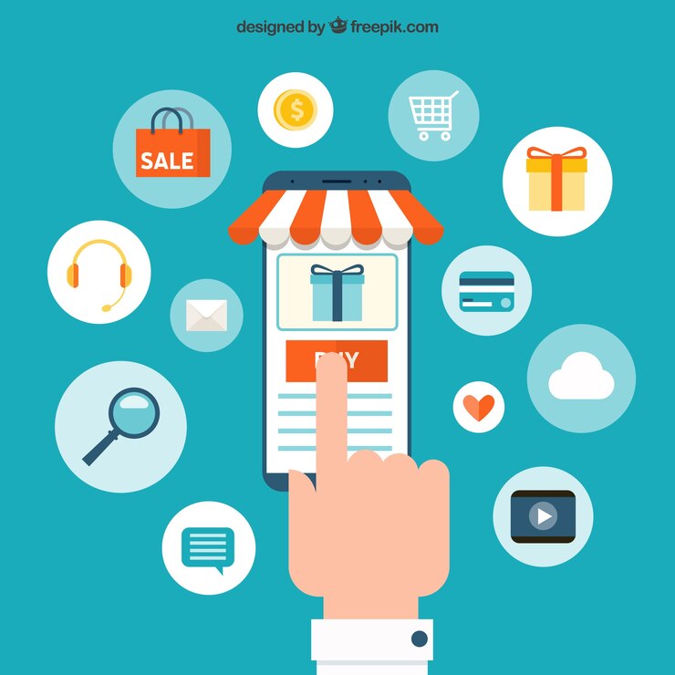Vector gratuito dedo comprando productos en el smartphone