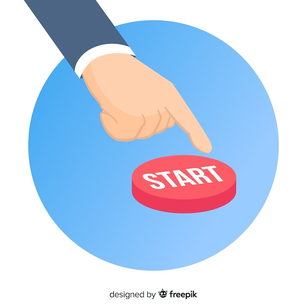 Dedo presionando botón rojo de start en diseño flat