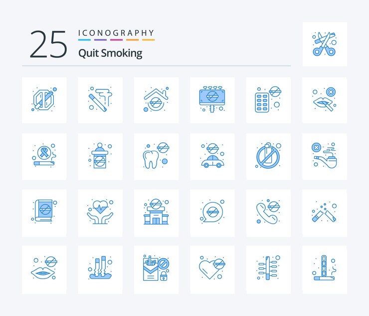Dejar de fumar 25 paquete de iconos de color azul que incluye el bloque de letreros de vapeo no permitido