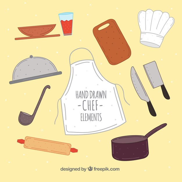 Delantal y otros elementos de cocinero dibujados a mano