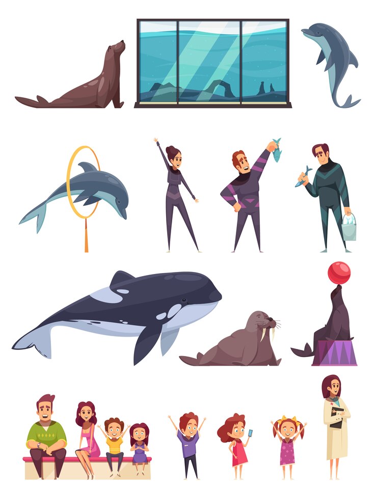 Vector gratuito delfinario con animales y trabajadores
