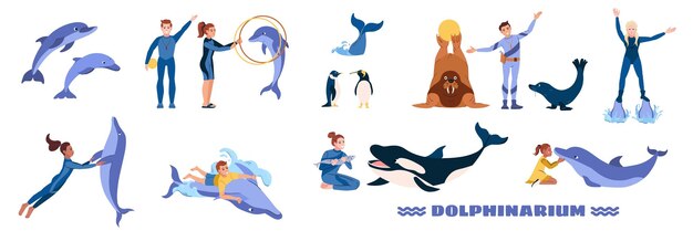 Delfinario conjunto plano de manejadores y animales durante el rendimiento aislado en la ilustración de vector de fondo blanco