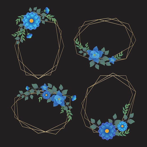 Vector gratuito delicadas flores azules con hojas en marcos dorados