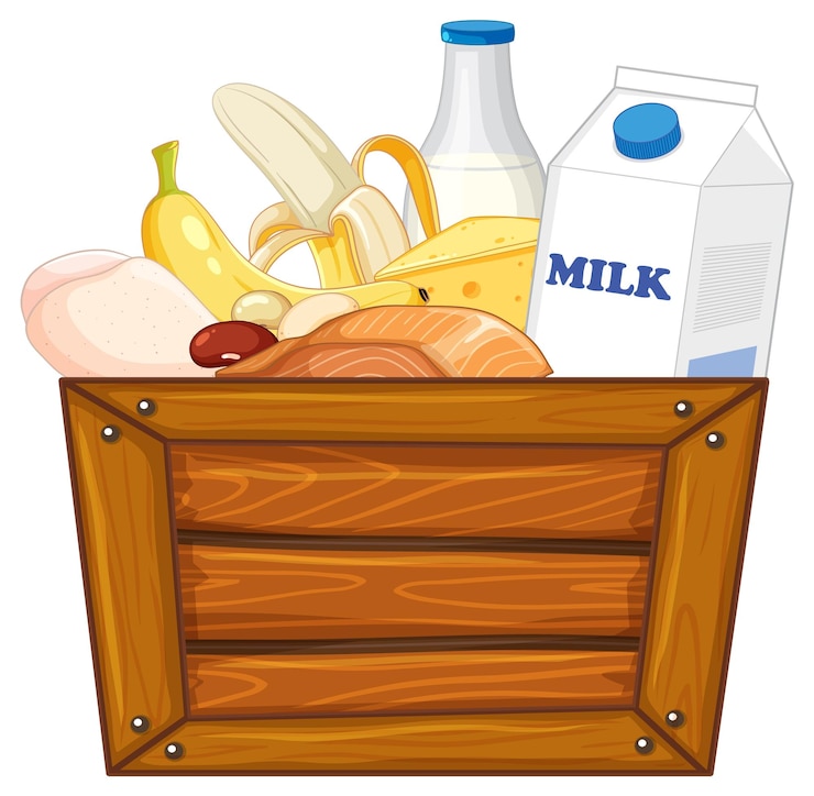 Vector gratuito deliciosa comida carne, frutas y lácteos en caja de madera
