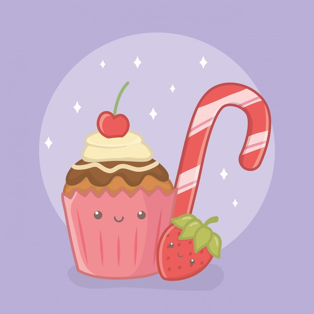 Vector gratuito deliciosa y dulce caña y productos de personajes kawaii.