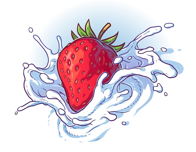 Vector gratuito deliciosa fresa fresca cayendo en crema o leche.