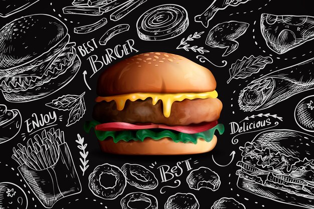 Deliciosa hamburguesa realista en el fondo de la pizarra