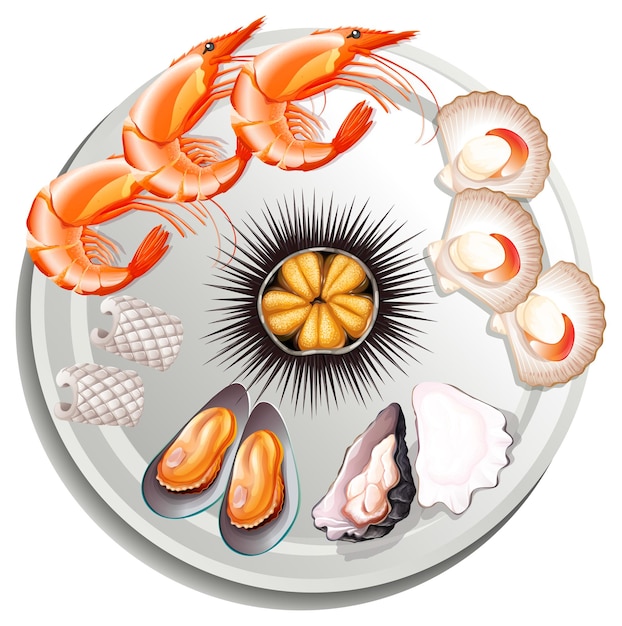 Vector gratuito deliciosa mariscada con camarones, calamares, erizo de mar, mejillón y ostra