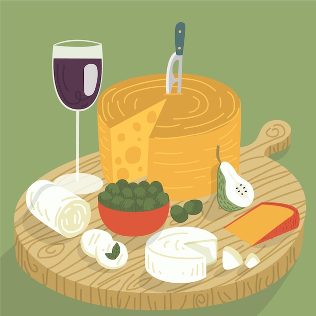 Delicioso bocadillo de queso en tabla de cortar con vino
