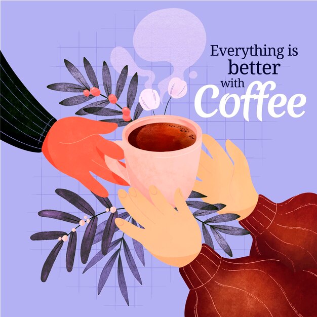 Delicioso café en una taza ilustrada.