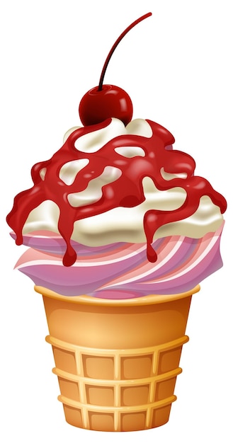 Delicioso cono de helado con cereza en la parte superior