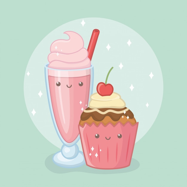 Delicioso y dulce batido y productos de personajes kawaii.