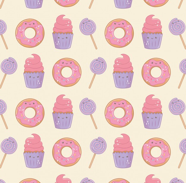 Delicioso y dulce patrón de personajes kawaii.