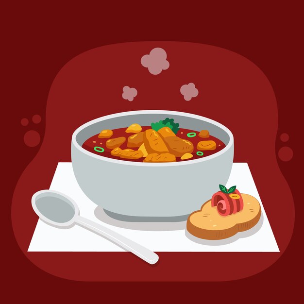 Delicioso goulash y pan dibujados a mano
