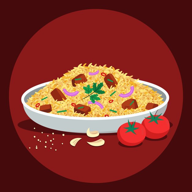 Delicioso pilaf dibujado a mano con tomates