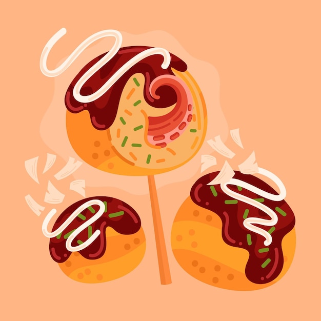 Vector gratuito delicioso postre takoyaki de diseño plano en palo