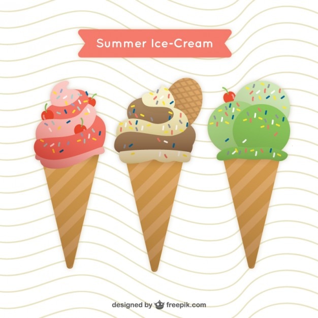 Vector gratuito deliciosos y coloridos helados con barquillo