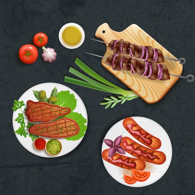 Vector gratuito deliciosos platos de barbacoa cocinados a la parrilla con salsa y verduras ilustración realista