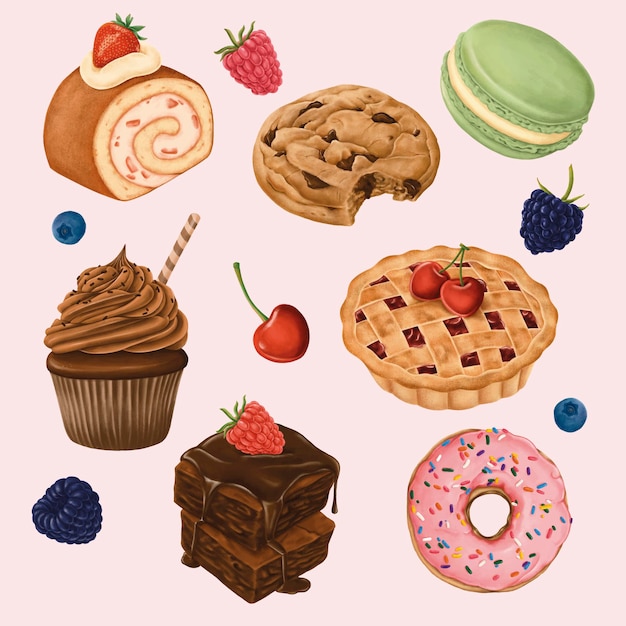 Vector gratuito deliciosos postres pintados a mano conjunto de vectores