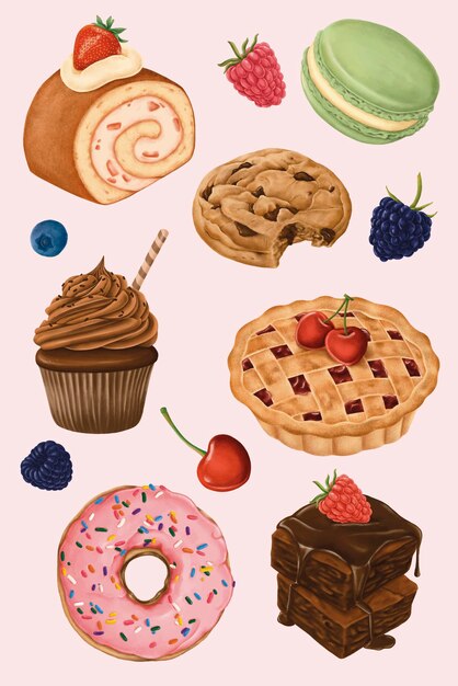 Deliciosos postres pintados a mano conjunto de vectores