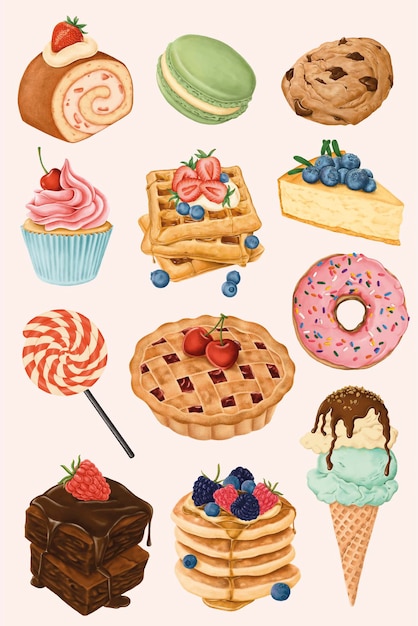 Vector gratuito deliciosos postres pintados a mano.