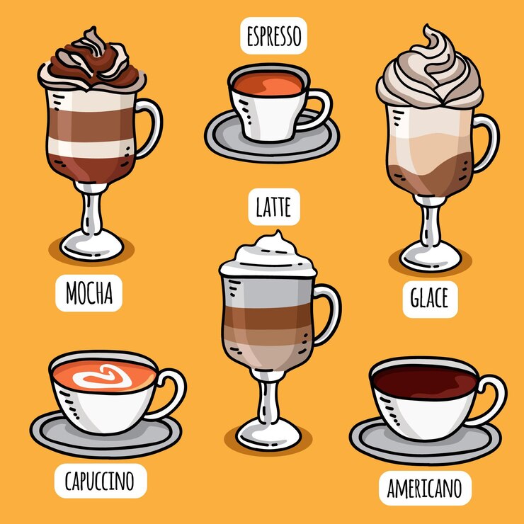 Vector gratuito deliciosos tipos de café en tazas y vasos.