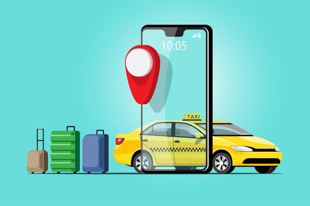 Delivery Taxi Online car sharing con personaje de dibujos animados y smartphone Concepto de transporte de ciudad inteligente, ilustración