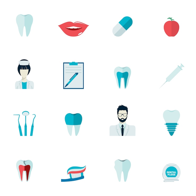 Vector gratuito dental salud y caries dientes dental instrumentos dentición protección plana iconos conjunto aislado ilustración vectorial