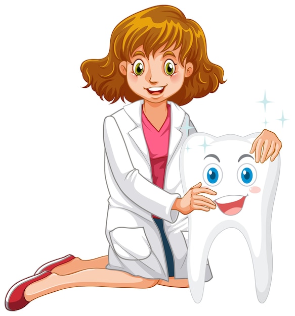 Vector gratuito dentista feliz sosteniendo un diente grande sobre fondo blanco.