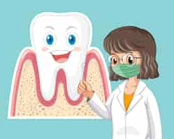 Vector gratuito dentista feliz sosteniendo espejo dental con diente grande en azul claro