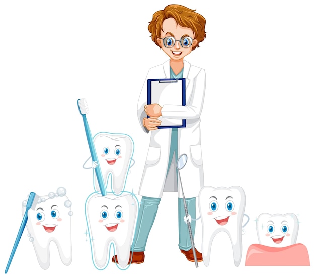 Dentista con muchos dientes grandes sobre fondo blanco.