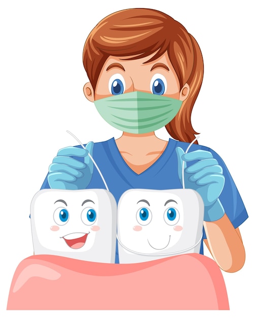 El dentista pule los dientes con hilo dental