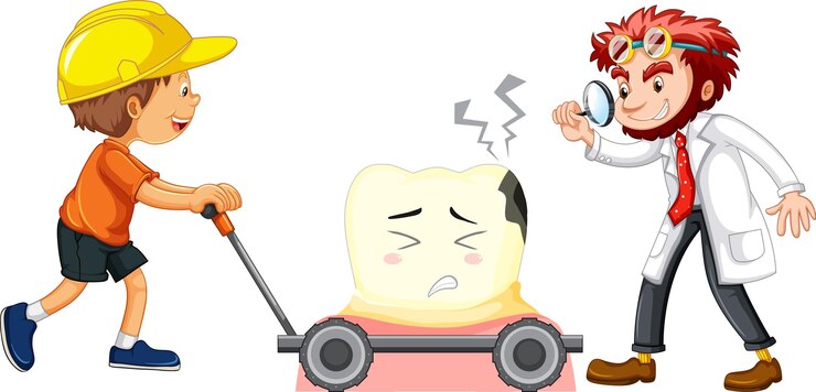 Vector gratuito dentista que examina la caries dental con un niño de fondo blanco