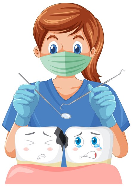 Dentista sosteniendo instrumentos y examinando caries en blanco b