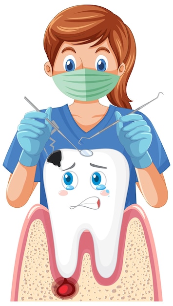 Dentista sosteniendo instrumentos y examinando caries en blanco b