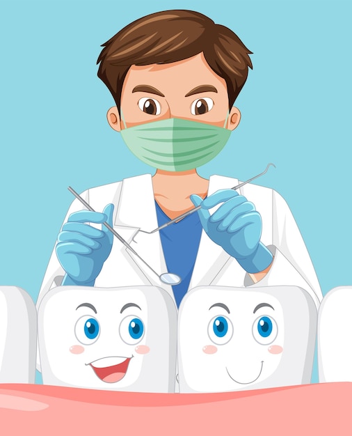 Dentista sosteniendo instrumentos y examinando dientes en backgrou azul